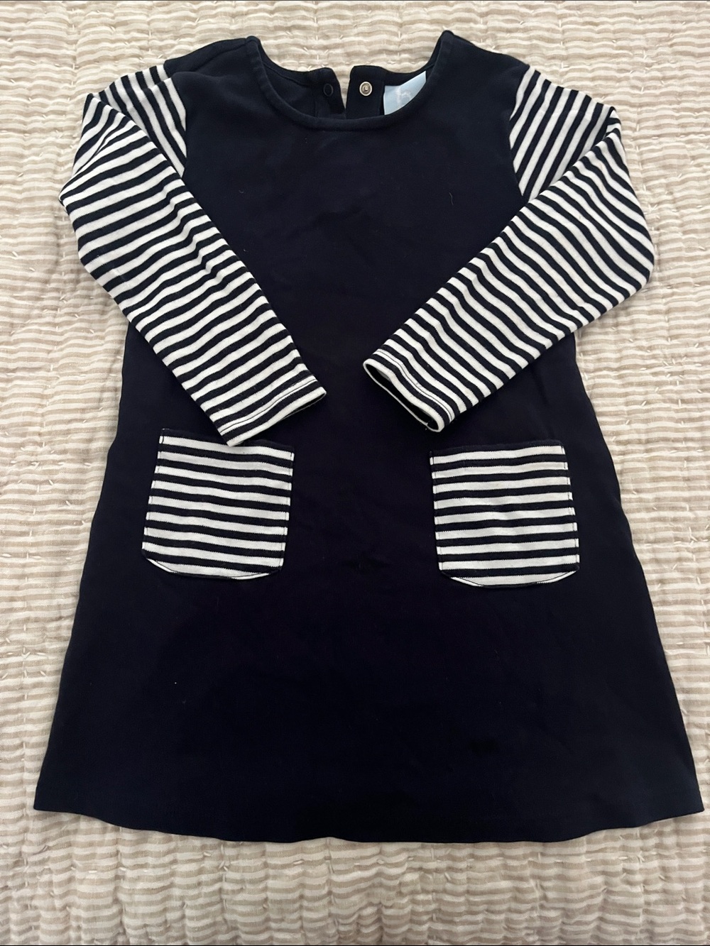 bella bliss Navy Dress with Black-and-White Striped Sleeves